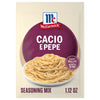 A packet of Mccormick Cacio E Pepe Seasoning Mix, 1.12 Oz, is shown with a bowl of creamy spaghetti in the foreground and a promise of an easy recipe ready in 20 minutes.