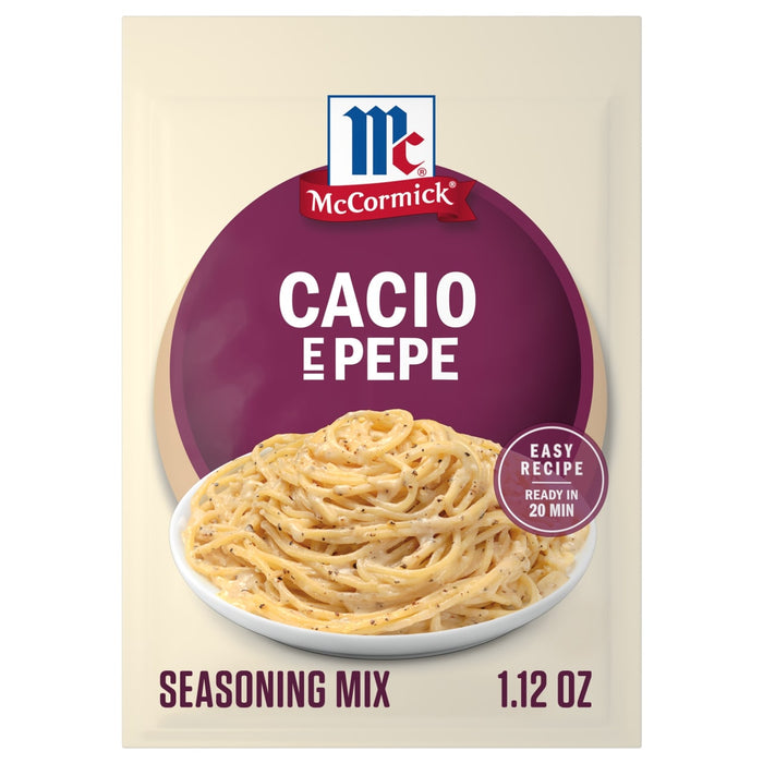 A packet of Mccormick Cacio E Pepe Seasoning Mix, 1.12 Oz, is shown with a bowl of creamy spaghetti in the foreground and a promise of an easy recipe ready in 20 minutes.