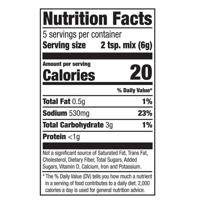 The nutrition facts label for Mccormick Cacio E Pepe Seasoning Mix, 1.12 Oz, indicating that a 2 teaspoon serving contains 20 calories, 530mg of sodium, and 3g of total carbohydrates.