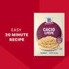 A packet of Mccormick Cacio E Pepe Seasoning Mix, 1.12 Oz, is displayed next to the words EASY 20 MINUTE RECIPE against a red background.