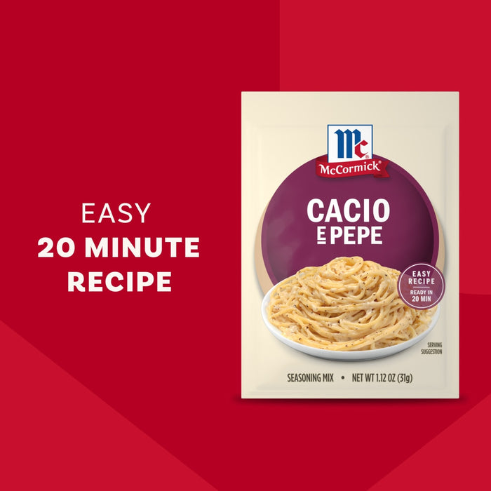 A packet of Mccormick Cacio E Pepe Seasoning Mix, 1.12 Oz, is displayed next to the words EASY 20 MINUTE RECIPE against a red background.