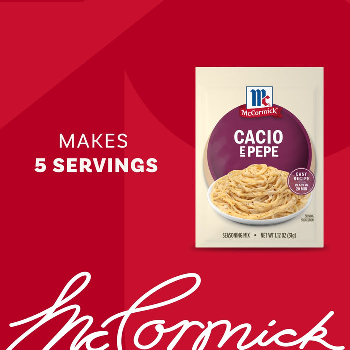 A packet of Mccormick Cacio E Pepe Seasoning Mix, 1.12 Oz is displayed next to a prepared bowl of the pasta dish on a red background.