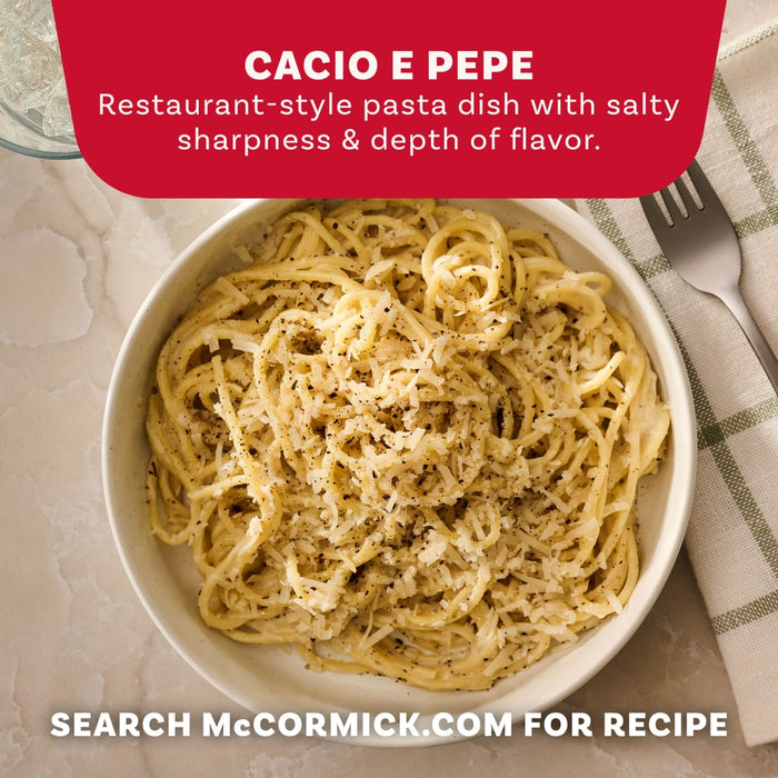A delicious bowl of cacio e pepe pasta, topped with grated cheese and black pepper, is presented as a serving suggestion for the Mccormick Cacio E Pepe Seasoning Mix, 1.12 Oz.