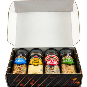 A gift box of McCormick Grill Mates seasonings, including Montreal Steak, Garlic Butter, Classic Smash, and Dill Pickle.