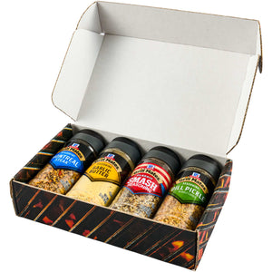 A gift box containing four bottles of flavored salt from the brand Saltverk.