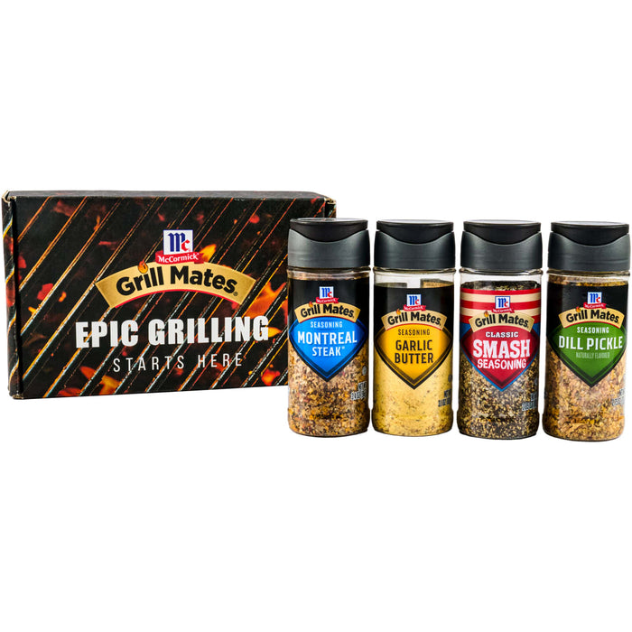 This is a McCormick Grill Mates Epic Grilling set, featuring Montreal Steak, Garlic Butter, Smash Seasoning, and Dill Pickle flavors.