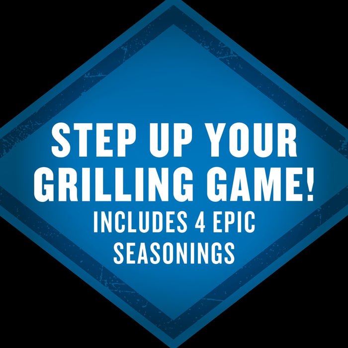 A blue diamond graphic promotes grilling with four epic seasonings.