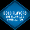 A blue diamond shape advertises bold flavors like dill pickle and Montreal steak.
