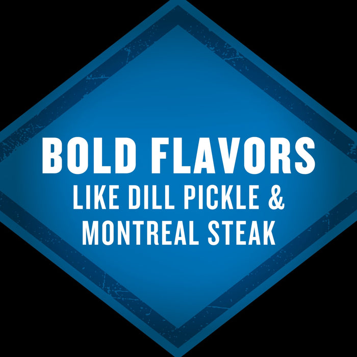 A blue diamond shape advertises bold flavors like dill pickle and Montreal steak.