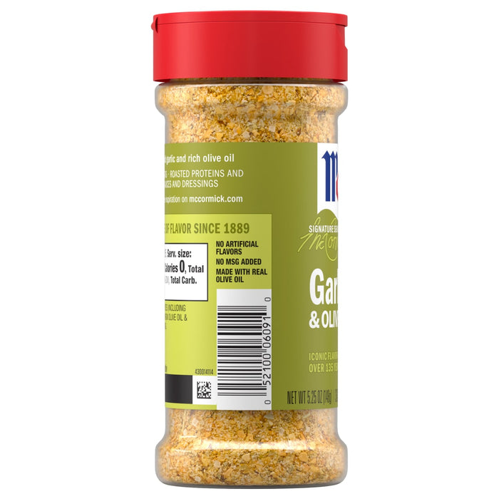 A bottle of McCormick Garlic &amp; Olive Oil seasoning.