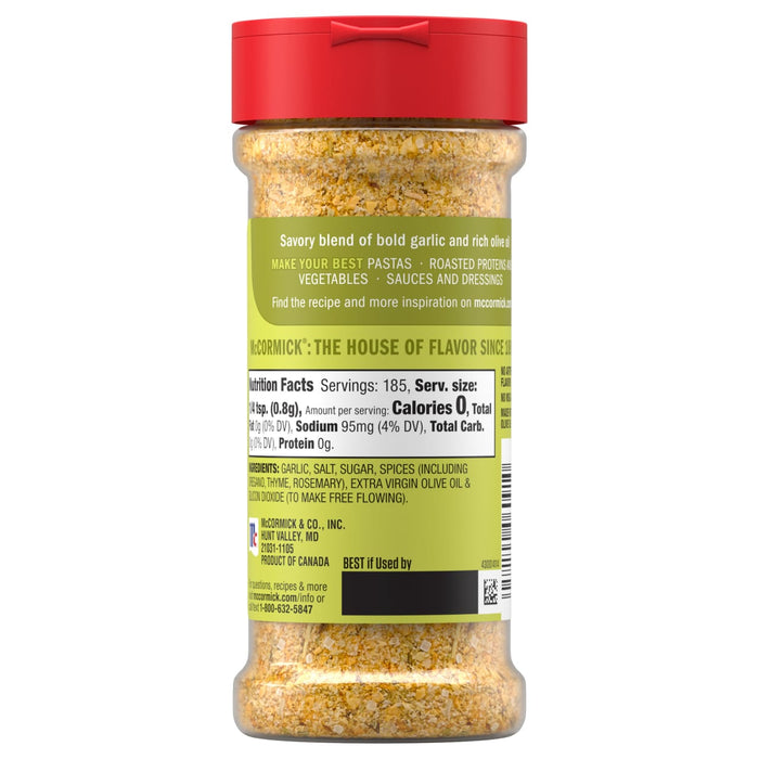 A bottle of McCormick The House of Flavor Since 1889 savory blend of bold garlic and rich olive oil.