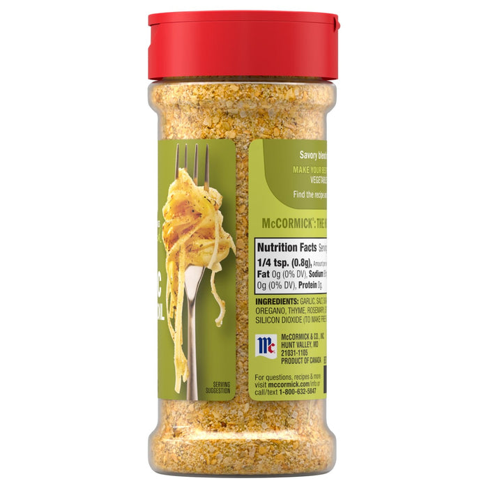 A bottle of McCormick The Helper Savory Blend seasoning is shown, featuring a savory blend to make your best vegetables.