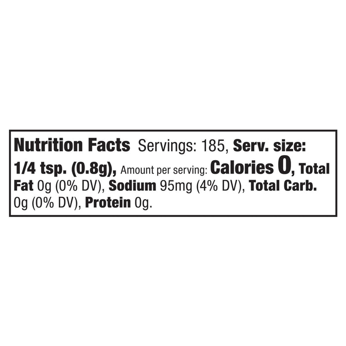 Nutrition facts label showing a serving size of 1/4 tsp (0.8g) contains 0 calories and 95mg of sodium.