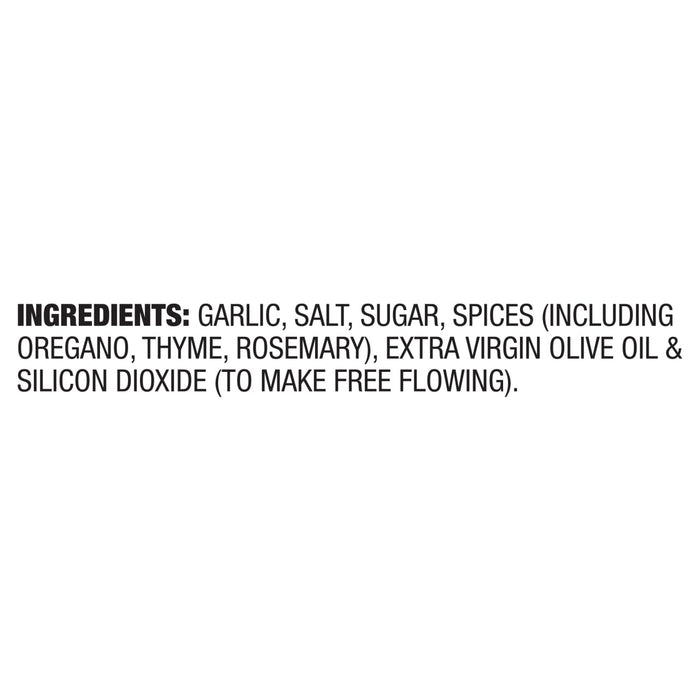 Ingredients list showing garlic, salt, sugar, spices including oregano, thyme, rosemary, extra virgin olive oil, and silicon dioxide.