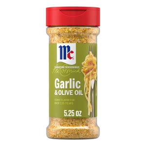 A clear bottle of Mccormick Garlic And Olive Oil Seasoning Blend, 5.25 Oz, is shown with its signature red cap and green label featuring pasta on a fork.