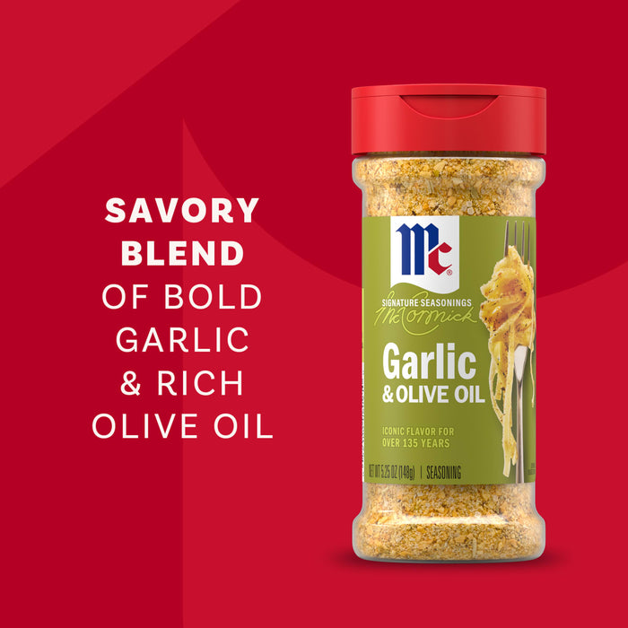 A bottle of Mccormick Garlic And Olive Oil Seasoning Blend, 5.25 Oz is shown against a red background with text that reads, Savory blend of bold garlic &amp; rich olive oil.