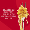 A fork twirls pasta seasoned with Mccormick Garlic And Olive Oil Seasoning Blend, 5.25 Oz, against a red background with the text, Transform everyday dishes with unforgettable flavor.