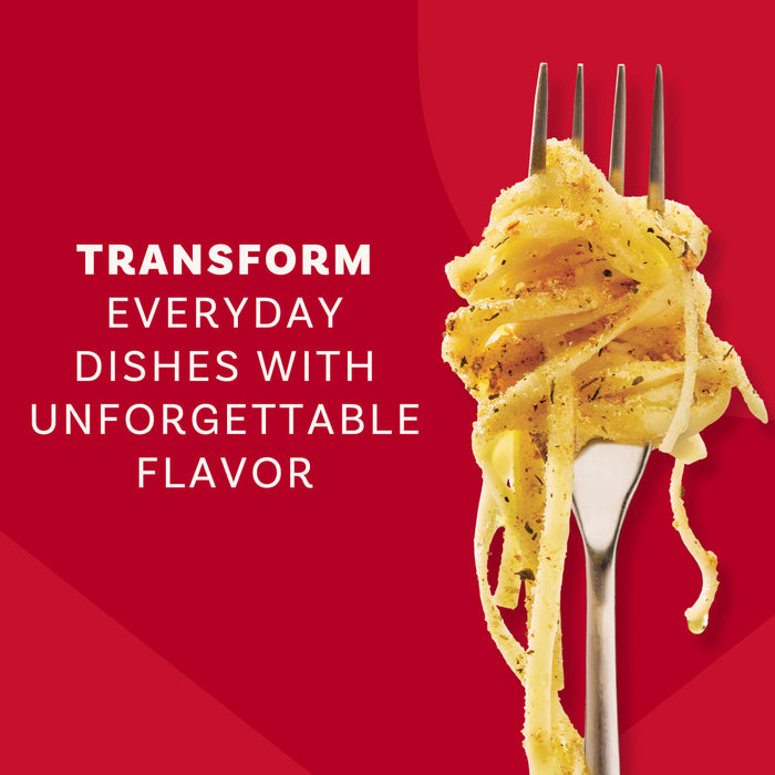 A fork twirls pasta seasoned with Mccormick Garlic And Olive Oil Seasoning Blend, 5.25 Oz, against a red background with the text, Transform everyday dishes with unforgettable flavor.