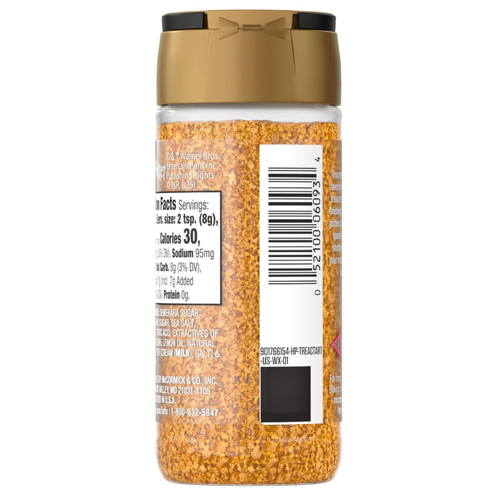 The back of a Mccormick Treacle Tart Finishing Sugar Harry Potter 3.43 Oz bottle is shown, displaying its nutrition facts, ingredients, and barcode.
