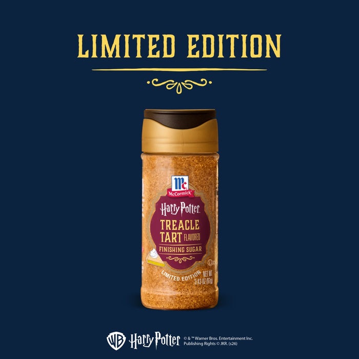 A product shot of Mccormick Harry Potter Licorice Wand Finishing Sugar, 3.39 Oz, is displayed against a dark blue background with the words LIMITED EDITION above it.
