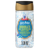 A clear shaker bottle of Mccormick Harry Potter Drooble'S Best Blowing Gum Finishing Sugar, 3.36 Oz, shows the white and blue sugar crystals inside.