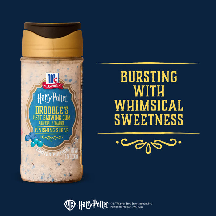 A shaker bottle of Mccormick Harry Potter Drooble'S Best Blowing Gum Finishing Sugar, 3.36 Oz, is displayed against a dark blue background with gold text reading, Inspired by Harry Potter.