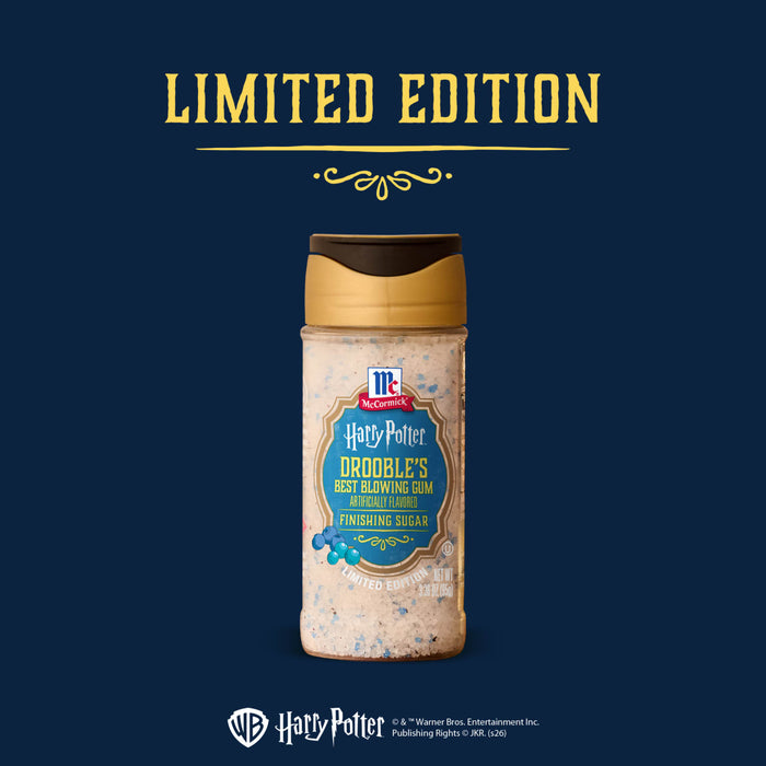 A bottle of Mccormick Harry Potter Drooble'S Best Blowing Gum Finishing Sugar, 3.36 Oz, is displayed against a dark blue background in a promotional image highlighting its limited edition status.