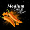 Illustration of orange chili peppers with the text Medium Chile Heat indicating the spice level.