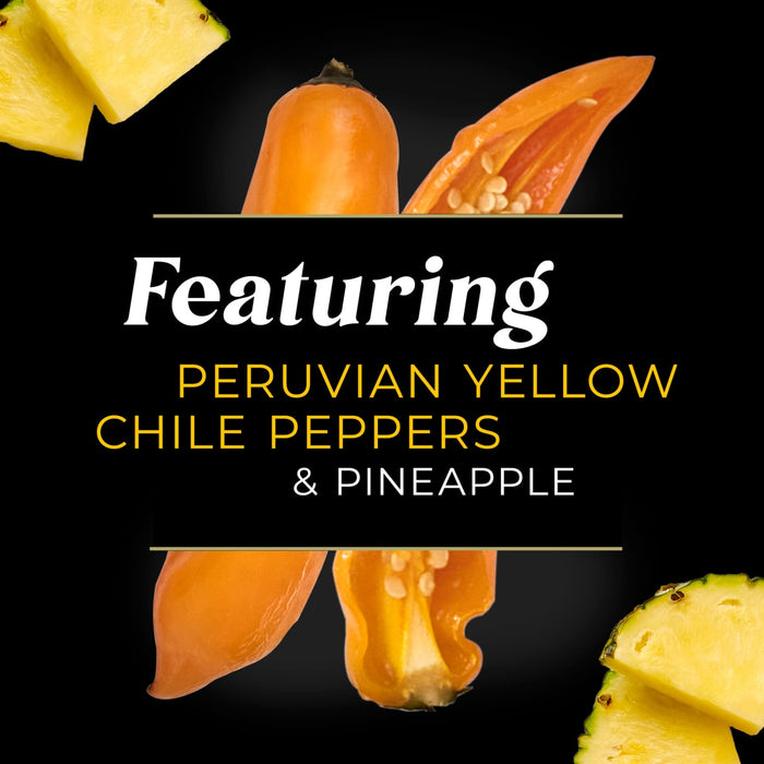 The image features Peruvian yellow chile peppers and pineapple, highlighting key ingredients.