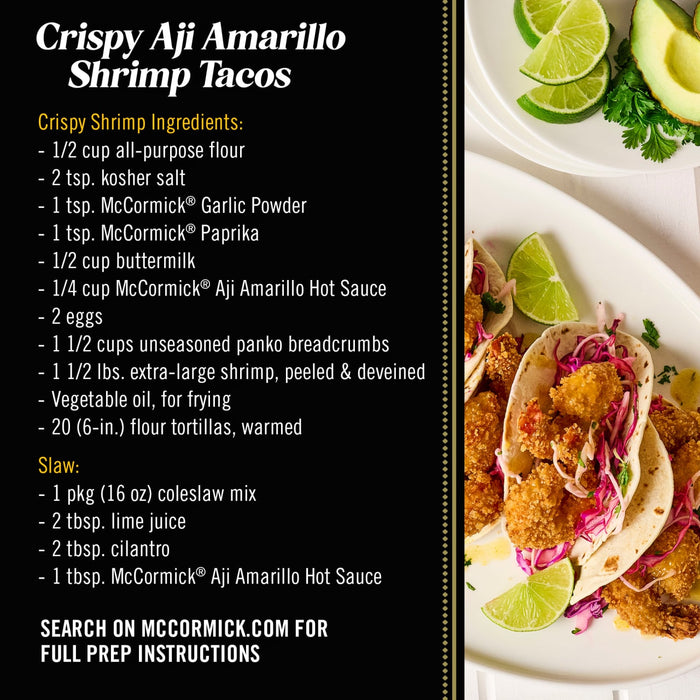 A recipe card for Crispy Aji Amarillo Shrimp Tacos featuring McCormick's spices and Aji Amarillo Hot Sauce.