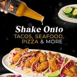 A hand pours Bravado Spice Co. hot sauce onto tacos, advertising its use on tacos, seafood, pizza, and more.