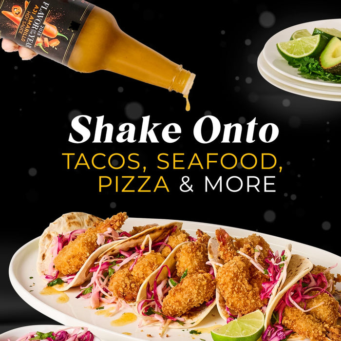 A hand pours Bravado Spice Co. hot sauce onto tacos, advertising its use on tacos, seafood, pizza, and more.