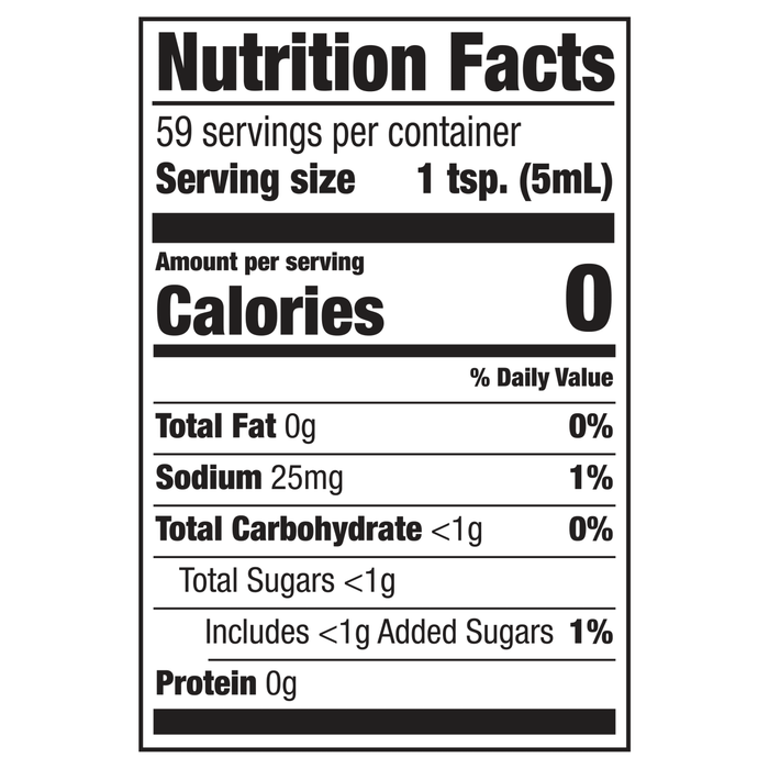 The image shows a nutrition facts label with 0 calories per serving and 59 servings per container.