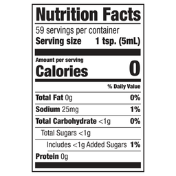 The image shows a nutrition facts label with 0 calories per serving and 59 servings per container.