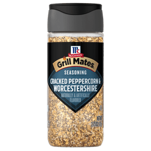 A bottle of McCormick Grill Mates Zesty Peppercorn Worcestershire seasoning.