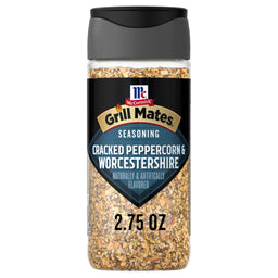 A bottle of McCormick Grill Mates Zesty Peppercorn Worcestershire seasoning.