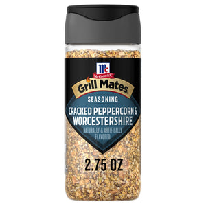 A bottle of McCormick Grill Mates Zesty Peppercorn Worcestershire seasoning.