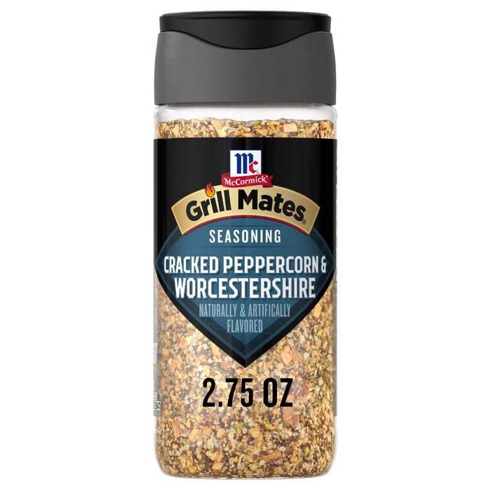 A bottle of McCormick Grill Mates Zesty Peppercorn Worcestershire seasoning.