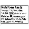 Nutrition facts label showing that a 1/4 teaspoon serving contains 0 calories, 0g of fat, 85mg of sodium, 0g of carbohydrates, and 0g of protein.