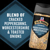 A bottle of Mccormick Grill Mates Peppercorn And Worcestershire Seasoning Cracked 2.75 Oz is shown against a dark background, with text on the left highlighting its flavor profile as a blend of cracked peppercorns, Worcestershire, and toasted onions.