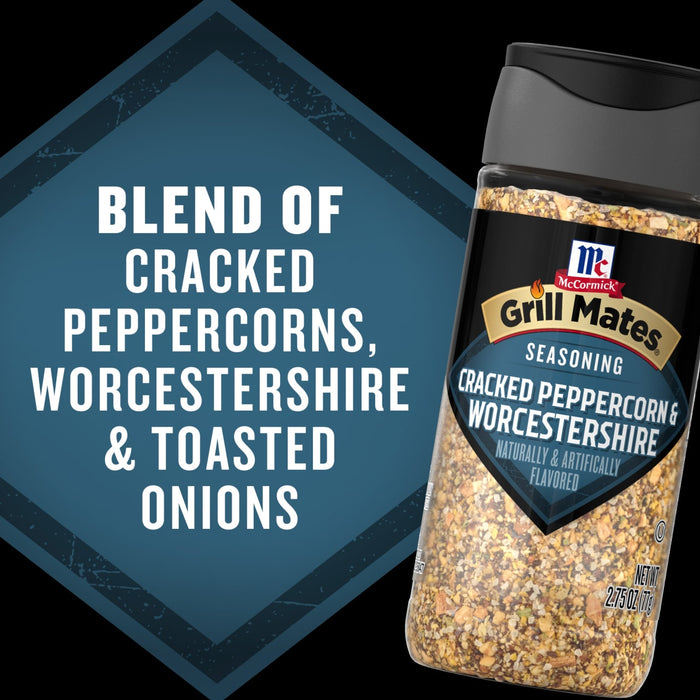 A bottle of Mccormick Grill Mates Peppercorn And Worcestershire Seasoning Cracked 2.75 Oz is shown against a dark background, with text on the left highlighting its flavor profile as a blend of cracked peppercorns, Worcestershire, and toasted onions.