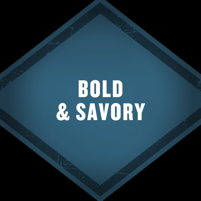 A graphic illustration with the words BOLD &amp; SAVORY highlights the flavor profile of Mccormick Grill Mates Peppercorn And Worcestershire Seasoning Cracked 2.75 Oz.