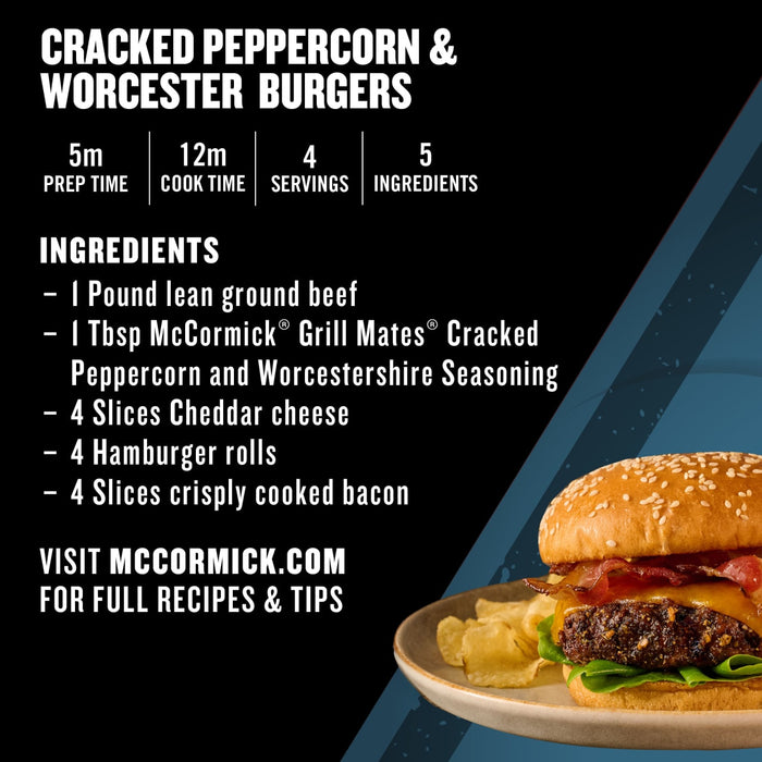 An infographic recipe card for Cracked Peppercorn &amp; Worcester Burgers lists ingredients including Mccormick Grill Mates Peppercorn And Worcestershire Seasoning Cracked 2.75 Oz, alongside a photo of the finished burger with bacon and cheese.
