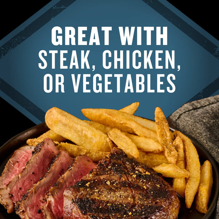 A close-up of a sliced, medium-rare steak seasoned with Mccormick Grill Mates Peppercorn And Worcestershire Seasoning Cracked 2.75 Oz and served with steak fries, with text above that reads, Great with steak, chicken, or vegetables.