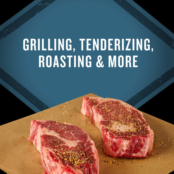 Two raw steaks seasoned with Mccormick Grill Mates Peppercorn And Worcestershire Seasoning Cracked 2.75 Oz sit on butcher paper below text that reads, Grilling, Tenderizing, Roasting &amp; More.