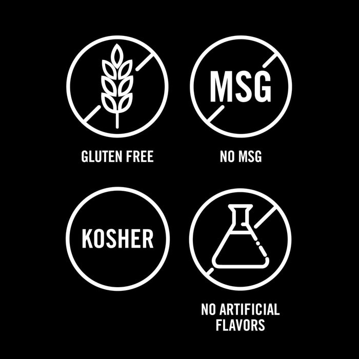 An infographic shows that the Grill Mates Signature Blend Seasoning, 6.53 Oz Bottle is gluten-free, has no MSG, is kosher, and contains no artificial flavors.