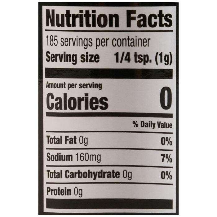 Nutrition facts label showing a serving size of 1/4 tsp (1g) with 0 calories, 0% total fat, 7% sodium, 0% total carbohydrate, and 0g protein.