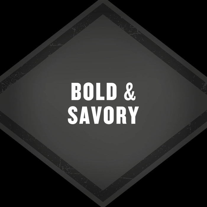 A graphic illustration with the words BOLD &amp; SAVORY describes the flavor profile of the Grill Mates Signature Blend Seasoning, 6.53 Oz Bottle.