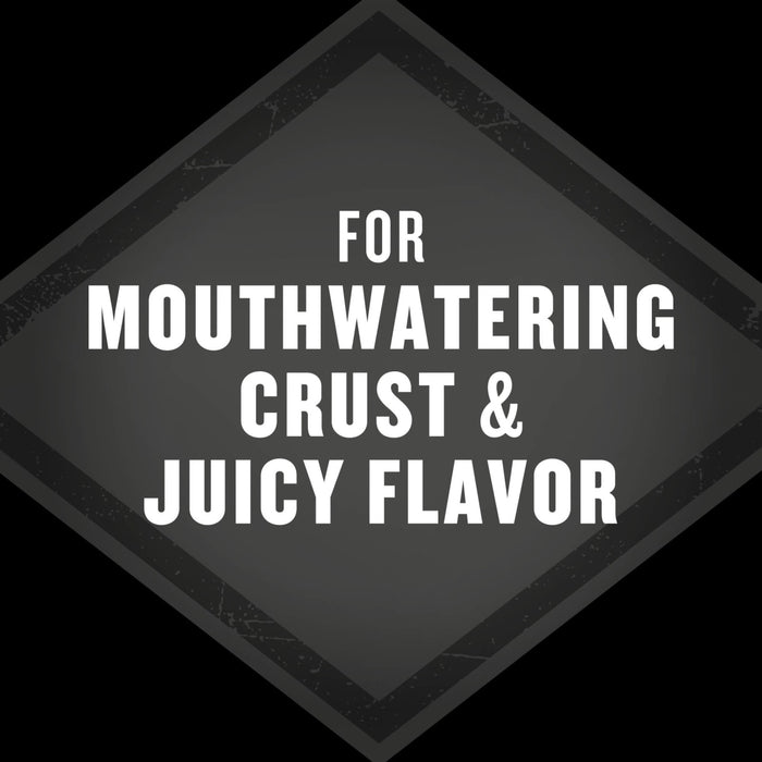 A graphic illustration for Grill Mates Signature Blend Seasoning, 6.53 Oz Bottle, highlights the benefit of a mouthwatering crust and juicy flavor.