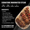 A recipe card for Signature Marinated Steak features a list of ingredients that includes McCormick's Grill Mates Signature Blend Seasoning, 6.53 Oz Bottle, next to a tempting image of the cooked and sliced steak.